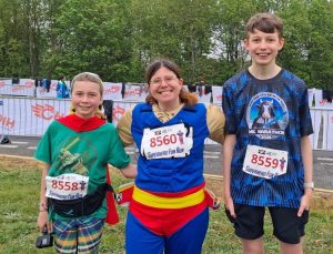 Iona, Ruth and Ewan at Super Hero Fun Run at Milton Keynes